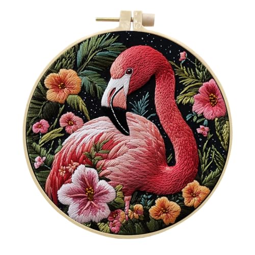 Awesocrafts Stickset, Flamingo-Blumen, komplettes Sortiment an Stickerei-Starter-Kits für Anfänger und Erwachsene, DIY, handgefertigt, einfache Muster (Flamingo 2) von Awesocrafts