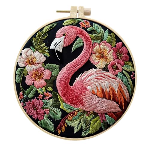 Awesocrafts Stickset, Flamingo-Blumen, komplettes Sortiment an Stickerei-Starter-Kits für Anfänger und Erwachsene, DIY, handgemachte einfache Muster (Flamingo 1) von Awesocrafts