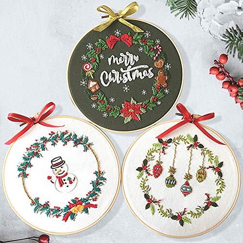 Stickset Frohe Weihnachten Schneemann Ornamente Kranz Awesocrafts Vollständige Palette von Stickerei-Starter-Sets für Anfänger, Erwachsene, Kinder, DIY Handgemachte einfache Muster (3 Stück) von Awesocrafts