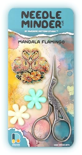 Awesome Pattern Studio Needle Minder Set - Mandala Flamingo Magnetischer Nadelminder + 2 Nadeleinfädler + Kranschere Emaille Pin für Kreuzstich, Stickerei und Handwerk von Awesome Pattern Studio