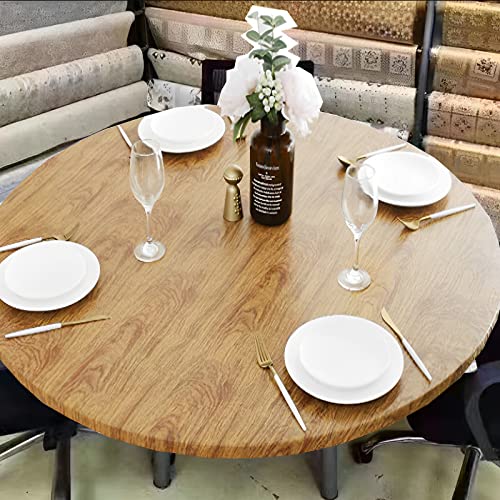 Wasserdichte runde Tischdecke, elastische Tischdecke mit Flanellrückseite, ölbeständige PVC-Tischschutzabdeckung für den Außenbereich, schmutzabweisend, dekorativer Esstischschutz (114–140 cm, Holz) von Awmark