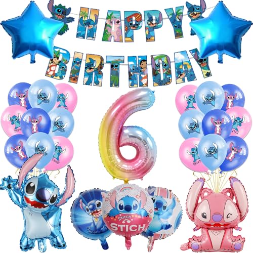 27 Stück Lilo and Stitch Partyzubehör, 6 Jährige Kindergeburtstag Deko Luftballons Deko, Stitch Thema Party Supplies Enthält Birthday Banner Luftballons Folienballon Zahlenballons von Awonlate