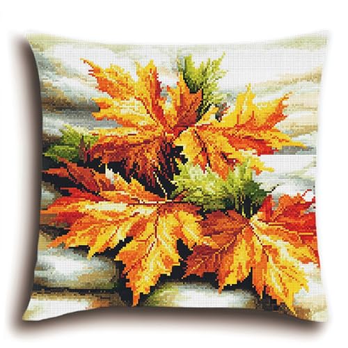 AxiangziK Blatt Kissenbezug Knüpfset,Herbstliche Ahornblätter,Knüpfkissen Set,DIY Knüpfteppich Knüpfpackung,Latch Hook Kits für Kinder und Erwachsene,17x17in von AxiangziK