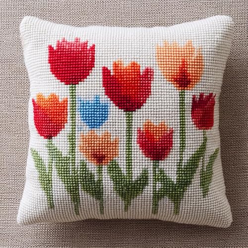 AxiangziK Blumen Stickset Kreuzstich Kissen Set Vorgedruckt,Schöne Tulpen,Stickset Anfänger Bastelsets für Erwachsene,Stickkissen,Handstickerei-DIY,18x18in von AxiangziK