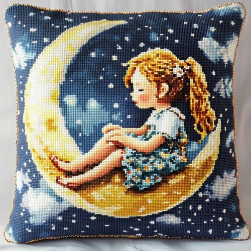 AxiangziK Cartoon-Sternenhimmel Knüpfhaken Kissen Kits für Kinder,Mädchen auf dem Mond,DIY Knüpfteppich Zum Selber Knüpf-Sets Kissenbezug Teppich Stickerei Set,Latch Hook Kits,17x17in von AxiangziK
