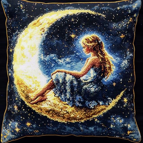 AxiangziK Cartoon-Sternenhimmel Knüpfkissen Set,Elfenmädchen auf dem Mond,für Kinder oder Anfänger Erwachsene zum Selber Knüpfen,DIY Knüpfteppich Knüpfpackung,Knüpfhaken Set,17x17in von AxiangziK