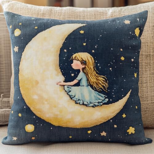AxiangziK Cartoon-Sternenhimmel Latch Hook Kissen Kit,Mädchen auf dem Mond,Knüpfkissen Set für Anfänger Erwachsene oder Kinder zum Selber Knüpfen,DIY Knüpfteppich Knüpfpackung,17x17in von AxiangziK