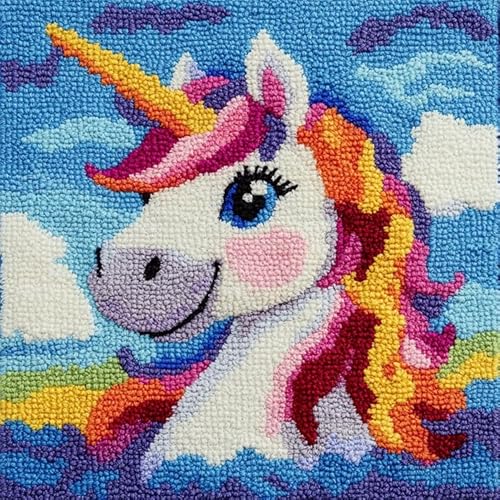 AxiangziK Cartoon-Stil Kissenbezug Knüpfset,Tier Regenbogen Pferd,Knüpfkissen Set,DIY Knüpfteppich Knüpfpackung,Latch Hook Kits für Kinder und Erwachsene,17x17in von AxiangziK