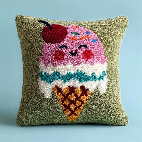AxiangziK Cartoon-Stil Knüpfhaken Kissen Kits für Erwachsene,Lächelndes Eis,DIY Knüpfteppich Zum Selber Knüpf-Sets Stickerei Set,Häkellein Vorgedrucktes Geschenk,17x17in von AxiangziK