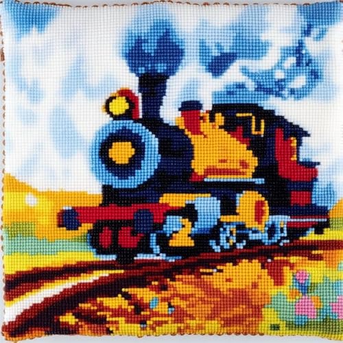 AxiangziK Cartoon-Stil Knüpfkissen Zum Selber Knüpfen,Retro-Zug,DIY Kissen Kissenbezug Kreuzstich Latch Hook Kit Handwerk Handarbeiten Erwachsene Kinder Kunsthandwerk,17x17in von AxiangziK