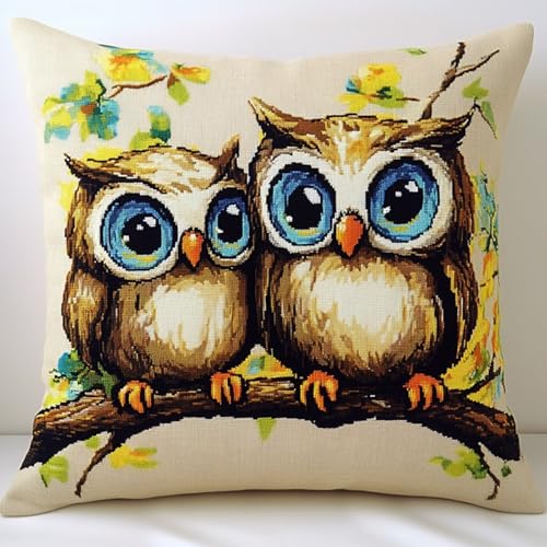 AxiangziK Cartoon-Tiere DIY Knüpfkissen Set erwachsene,Zwei Eulen mit großen Augen,knüpfkissen set,Knüpfkissen,Überwurfkissen,Matte,Stickerei-Bastelsets für Anfänger Heimdekoration,17x17in von AxiangziK
