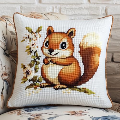 AxiangziK Cartoon-Tiere DIY Knüpfkissen Zum Selber Knüpfen Knüpfhaken-Set,Ein süßes kleines Eichhörnchen,Knüpfhaken,Kissen-Stickset,Bastel- Und Heimdekoration,Latch Hook Kit,17x17in von AxiangziK