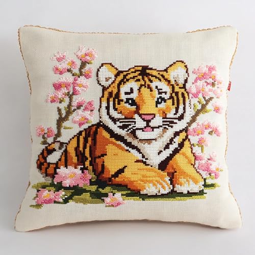 AxiangziK Cartoon-Tiere DIY knüpfen set erwachsene,Ein süßer kleiner Tiger,Haken-Knüpfset Kissenbezug bedrucktes Kissen Häkelgarn,Stickerei,Dekoration,Anfänger-Knüpfs,17x17in von AxiangziK