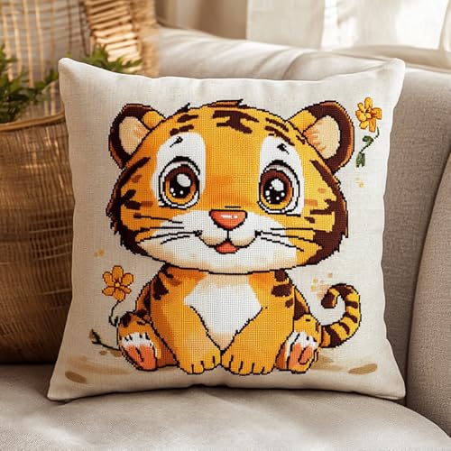 AxiangziK Cartoon-Tiere DIY knüpfen set erwachsene knüpfkissen,Ein süßer kleiner Tiger,Knüpfhaken-Kissen-Set,bedruckte Leinwand für Anfänger,Stickerei,Bastelkissen,17x17in von AxiangziK