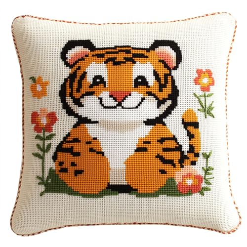 AxiangziK Cartoon-Tiere Knüpfen Set Knüpfhaken-Sets,Ein süßer kleiner Tiger,Diy-Knüpfhaken,Knüpfhaken-Stickset,Häkel-Handarbeiten,Basteln Mit Knüpfhaken-Werkzeug,17x17in von AxiangziK