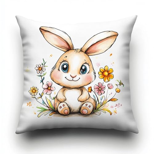 AxiangziK Cartoon-Tiere Knüpfhaken Kissen Kits für Erwachsene,Niedliche Kaninchen und Blumen,DIY Knüpfteppich Zum Selber Knüpf-Sets Stickerei Set,Häkellein Vorgedrucktes Geschenk,17x17in von AxiangziK