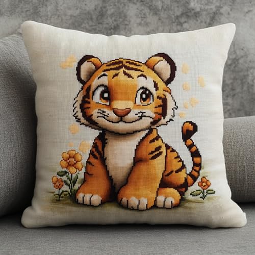 AxiangziK Cartoon-Tiere Knüpfhaken-Set Kissenbezug,Ein süßer kleiner Tiger,Knüpfteppiche Set Kissen Knüpfen Latch Hook Kit Handgemachte Geschenke Für Kinder Und Erwachsene,17x17in von AxiangziK