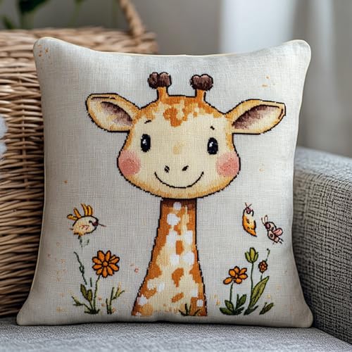 AxiangziK Cartoon-Tiere Knüpfhaken-Set für Erwachsene,Eine süße kleine Giraffe,Knüpfhaken-Kissenbezug,DIY-Kissen-Set,Knüpfhaken-Kissen,Bastelset,Heimdekoration,17x17in von AxiangziK