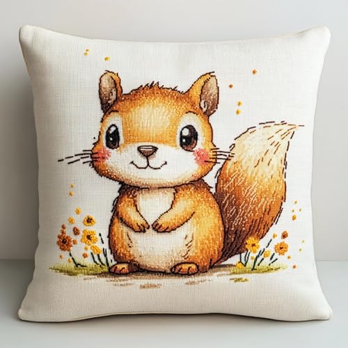 AxiangziK Cartoon-Tiere Knüpfkissen Zum Selber Knüpfen,Ein süßes kleines Eichhörnchen,DIY Kissen Kissenbezug Kreuzstich Latch Hook Kit Handwerk Handarbeiten Erwachsene Kinder Kunsthandwerk,17x17in von AxiangziK