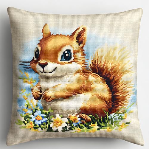 AxiangziK Cartoon-Tiere Knüpfkissen Zum Selber Knüpfen,Ein süßes kleines Eichhörnchen,DIY Kissenbezug Hülle Sofakissenbezug,Knüpfkissen Set für Kinder Erwachsene,Latch Hook Kit,17x17in von AxiangziK