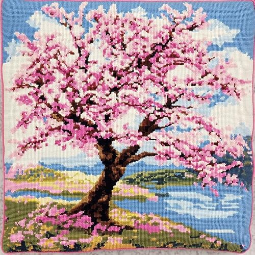 AxiangziK DIY Knüpfhaken-Set Knüpfkissen,Ein großer rosa Baum,Latch Hook Kissen Kit,Knüpfkissen Set für Anfänger Erwachsene oder Kinder zum Selber Knüpfen,17x17in von AxiangziK