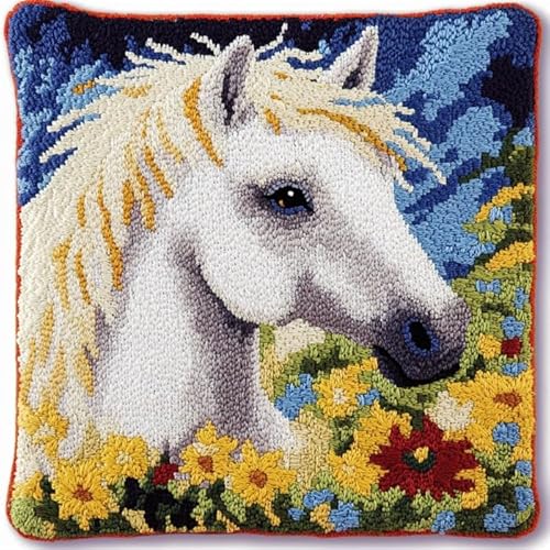 AxiangziK DIY Knüpfkissen Zum Selber Knüpfen Knüpfhaken-Set,Tierisches weißes Pferd,Knüpfhaken,Kissen-Stickset,Bastel- Und Heimdekoration,Latch Hook Kit,17x17in von AxiangziK