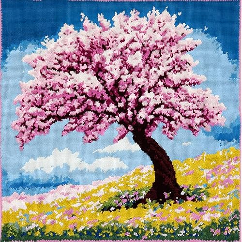 AxiangziK DIY knüpfen set erwachsene knüpfkissen,Ein großer rosa Baum,Knüpfhaken-Kissen-Set,bedruckte Leinwand für Anfänger,Stickerei,Bastelkissen,17x17in von AxiangziK