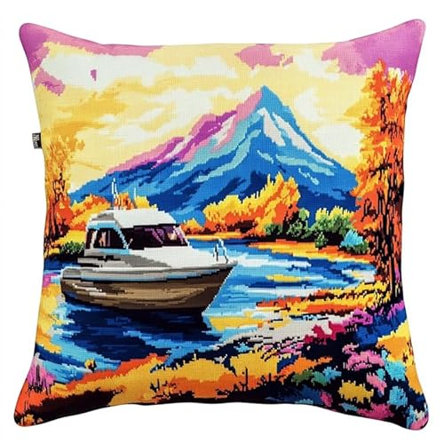 AxiangziK DIY knüpfen set erwachsene knüpfkissen,Yacht auf dem See,Knüpfhaken-Kissen-Set,bedruckte Leinwand für Anfänger,Stickerei,Bastelkissen,17x17in von AxiangziK