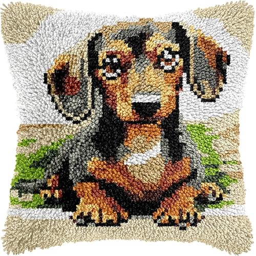 AxiangziK Dackel DIY Knüpfhaken-Set Knüpfkissen,Tier Hund,Latch Hook Kissen Kit,Knüpfkissen Set für Anfänger Erwachsene oder Kinder zum Selber Knüpfen,17x17in von AxiangziK