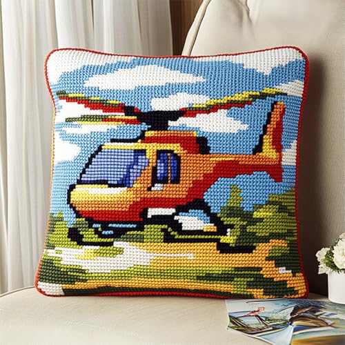 AxiangziK Kissenbezug Knüpfset,Cartoon-Flugzeug,Knüpfkissen Set,DIY Knüpfteppich Knüpfpackung,Latch Hook Kits für Kinder und Erwachsene,17x17in von AxiangziK