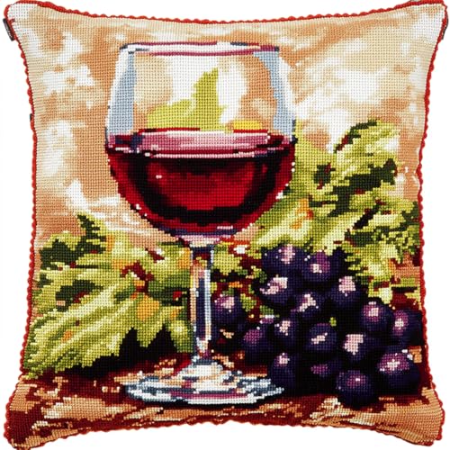 AxiangziK Knüpfhaken,komplettes Kissenüberzug-Set,Trauben und Weinglas,Kissenbezüge,Häkelset für Kinder,Erwachsene,Anfänger,Heimdekoration,17x17in von AxiangziK