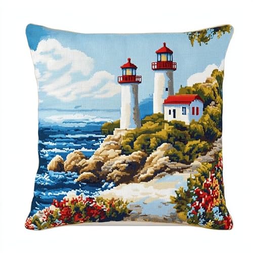 AxiangziK Knüpfhaken-Set Kissenbezug,Leuchtturm am Meer,Knüpfteppiche Set Kissen Knüpfen Latch Hook Kit Handgemachte Geschenke Für Kinder Und Erwachsene,17x17in von AxiangziK