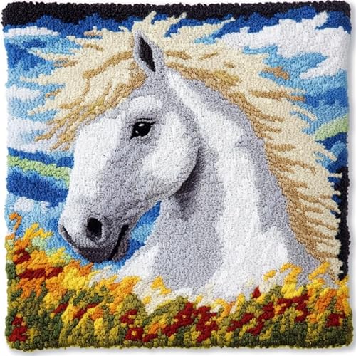 AxiangziK Knüpfhaken-Set Kissenbezug,Tierisches weißes Pferd,Knüpfteppiche Set Kissen Knüpfen Latch Hook Kit Handgemachte Geschenke Für Kinder Und Erwachsene,17x17in von AxiangziK