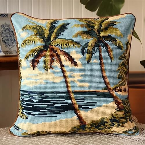 AxiangziK Knüpfkissen Knüpfen Set Anfänger,Kokosnussbäume am Meer,DIY Knüpfhaken-Set Bedrucktes Kissen Häkelgarn Stickerei Handarbeit Stickset,17x17in von AxiangziK