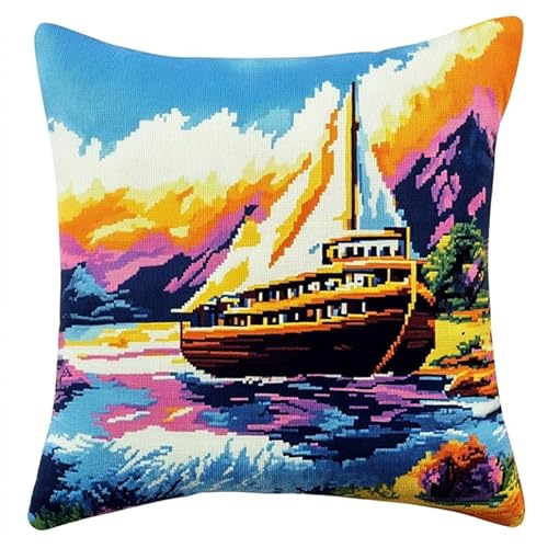 AxiangziK Knüpfkissen Set,Yacht auf dem See,für Kinder oder Anfänger Erwachsene zum Selber Knüpfen,DIY Knüpfteppich Knüpfpackung,Knüpfhaken Set,17x17in von AxiangziK