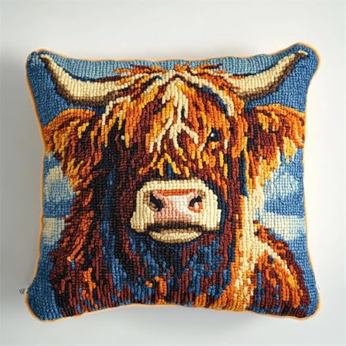 AxiangziK Knüpfkissen Zum Selber Knüpfen,Tierisches Hochlandrind,DIY Kissen Hülle Knüpfset,Kissenbezug Knüpfen Set Kreuzstich für Kinder Erwachsene,17x17in von AxiangziK