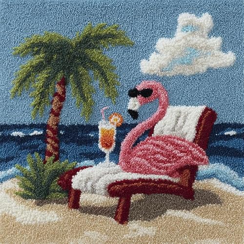 AxiangziK Landschaft Knüpfkissen Zum Selber Knüpfen,Rosa Vogel auf einem Liegestuhl,DIY Kissenbezug Hülle Sofakissenbezug,Knüpfkissen Set für Kinder Erwachsene,Latch Hook Kit,17x17in von AxiangziK