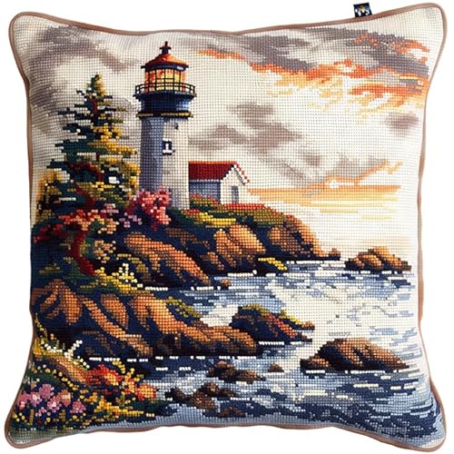 AxiangziK Landschaft kreuzstich kissen set vorgedruckt,Leuchtturm am Meer,Stickset 11CT Kreuzstich Kissen zum Basteln Stickkissen Stickpackung,45x45cm von AxiangziK