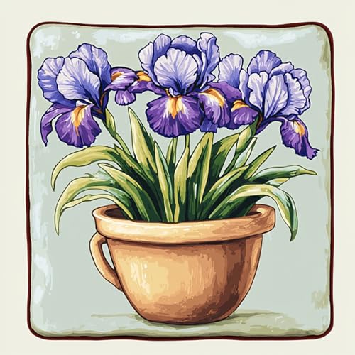 AxiangziK Latch Hook Kissen Kit,Lila Iris Blumentopf,Knüpfkissen Set für Anfänger Erwachsene oder Kinder zum Selber Knüpfen,DIY Knüpfteppich Knüpfpackung,17x17in von AxiangziK