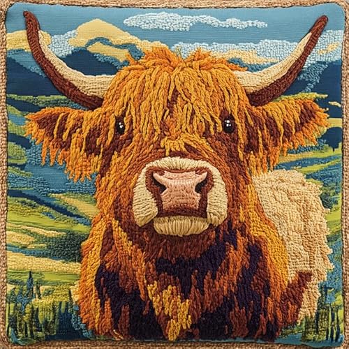 AxiangziK Latch Hook Kissen Kit,Tierisches Hochlandrind,Knüpfkissen Set für Anfänger Erwachsene oder Kinder zum Selber Knüpfen,DIY Knüpfteppich Knüpfpackung,17x17in von AxiangziK