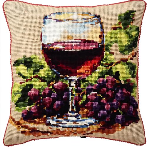 AxiangziK Latch Hook Kit Cushion for Adults,Trauben und Weinglas,DIY Craft Latch Hook Kits Embroidery Latch Hook Pillow Cover or Christmas/Gifts,17x17in von AxiangziK