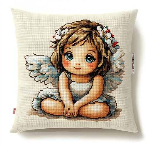 AxiangziK Mädchen DIY knüpfen set erwachsene knüpfkissen,Süßes Engelsmädchen,Knüpfhaken-Kissen-Set,bedruckte Leinwand für Anfänger,Stickerei,Bastelkissen,17x17in von AxiangziK