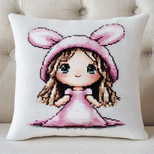 AxiangziK Mädchen Knüpfkissen Zum Selber Knüpfen,Süßes Häschenmädchen,DIY Kissenbezug Hülle Sofakissenbezug,Knüpfkissen Set für Kinder Erwachsene,Latch Hook Kit,17x17in von AxiangziK