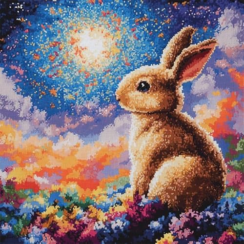 AxiangziK Nachtansicht Knüpfkissen Set,Kaninchen unter dem Sternenhimmel,für Kinder oder Anfänger Erwachsene zum Selber Knüpfen,DIY Knüpfteppich Knüpfpackung,Knüpfhaken Set,17x17in von AxiangziK