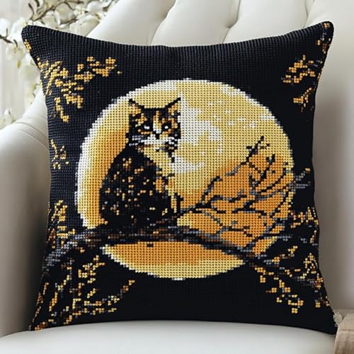 AxiangziK Nachtansicht Kreuzstich Set Vorgedruckt,Katze auf einem Ast,Gobelin Stickbilder Kreuzstich Kissen Set Stickkissen Kreuzstichkissen/Stickkissen-Set,45x45cm von AxiangziK
