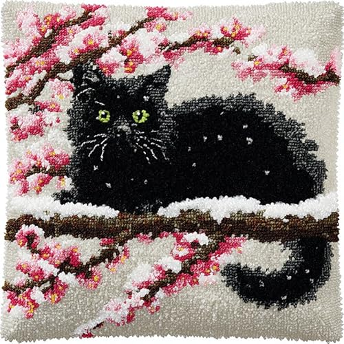 AxiangziK Schneeszene Knüpfhaken Kissen Kits für Kinder,Schwarze Katze auf einem Pflaumenblütenzweig,DIY Knüpfteppich Zum Selber Knüpf-Sets Kissenbezug Teppich Stickerei Set,Latch Hook Kits,17x17in von AxiangziK