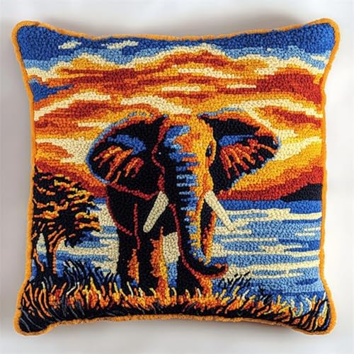 AxiangziK Sonnenuntergang im Grasland Knüpfkissen Zum Selber Knüpfen,Tier Elefant,DIY Kissen Hülle Knüpfset,Kissenbezug Knüpfen Set Kreuzstich für Kinder Erwachsene,17x17in von AxiangziK