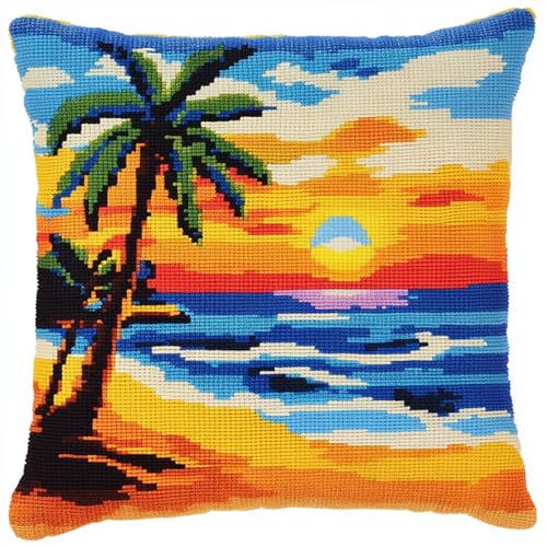 AxiangziK Sonnenuntergangsstrand Knüpfhaken Kissen Kits für Erwachsene,Kokosnussbäume am Meer,DIY Knüpfteppich Zum Selber Knüpf-Sets Stickerei Set,Häkellein Vorgedrucktes Geschenk,17x17in von AxiangziK