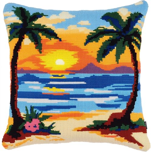 AxiangziK Sonnenuntergangsstrand Knüpfhaken-Set für Erwachsene,Kokosnussbäume am Meer,Knüpfhaken-Kissenbezug,DIY-Kissen-Set,Knüpfhaken-Kissen,Bastelset,Heimdekoration,17x17in von AxiangziK