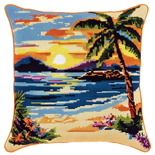 AxiangziK Sonnenuntergangsstrand Knüpfkissen Zum Selber Knüpfen,Kokosnussbäume am Meer,DIY Kissen Kissenbezug Kreuzstich Latch Hook Kit Handwerk Handarbeiten Erwachsene Kinder Kunsthandwerk,17x17in von AxiangziK